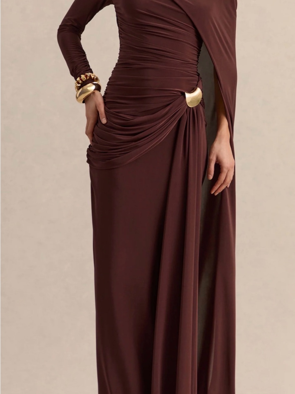 Club L London Chocolate Brown One-Shoulder Ruched Maxi Dress with Gold Accent